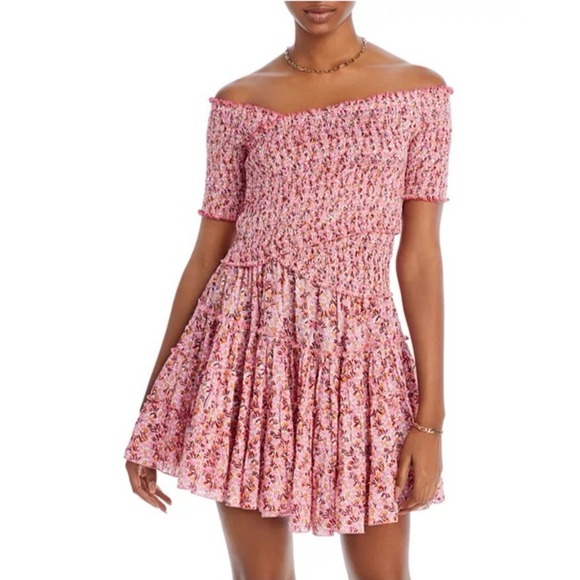 Poupette St Barth Soledad Mini Dress Womens XS Pink Floral Feminine Smocked - Picture 10 of 10